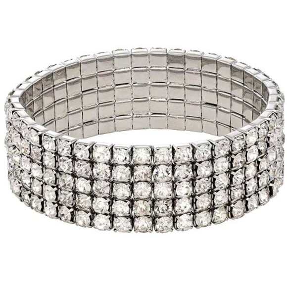 VERA WANG Glamorous Silver Clear Rhinestone Crystal 5 Row Stretch Bracelet - Picture 1 of 4